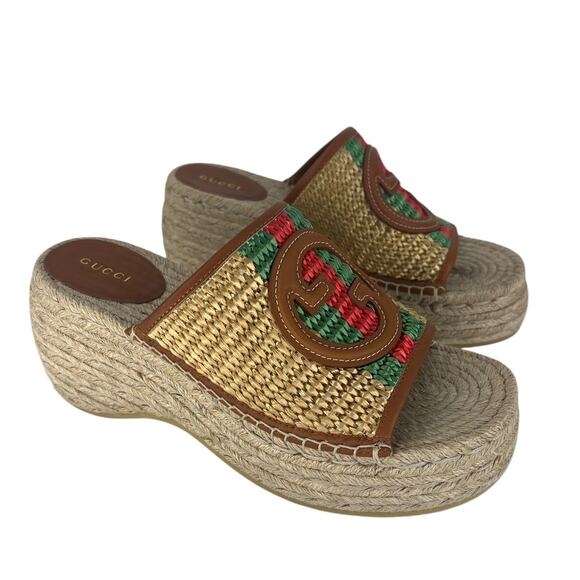 Gucci Adela Leather Trimmed Raffia Wedge Espadrilles - Picture 8 of 16